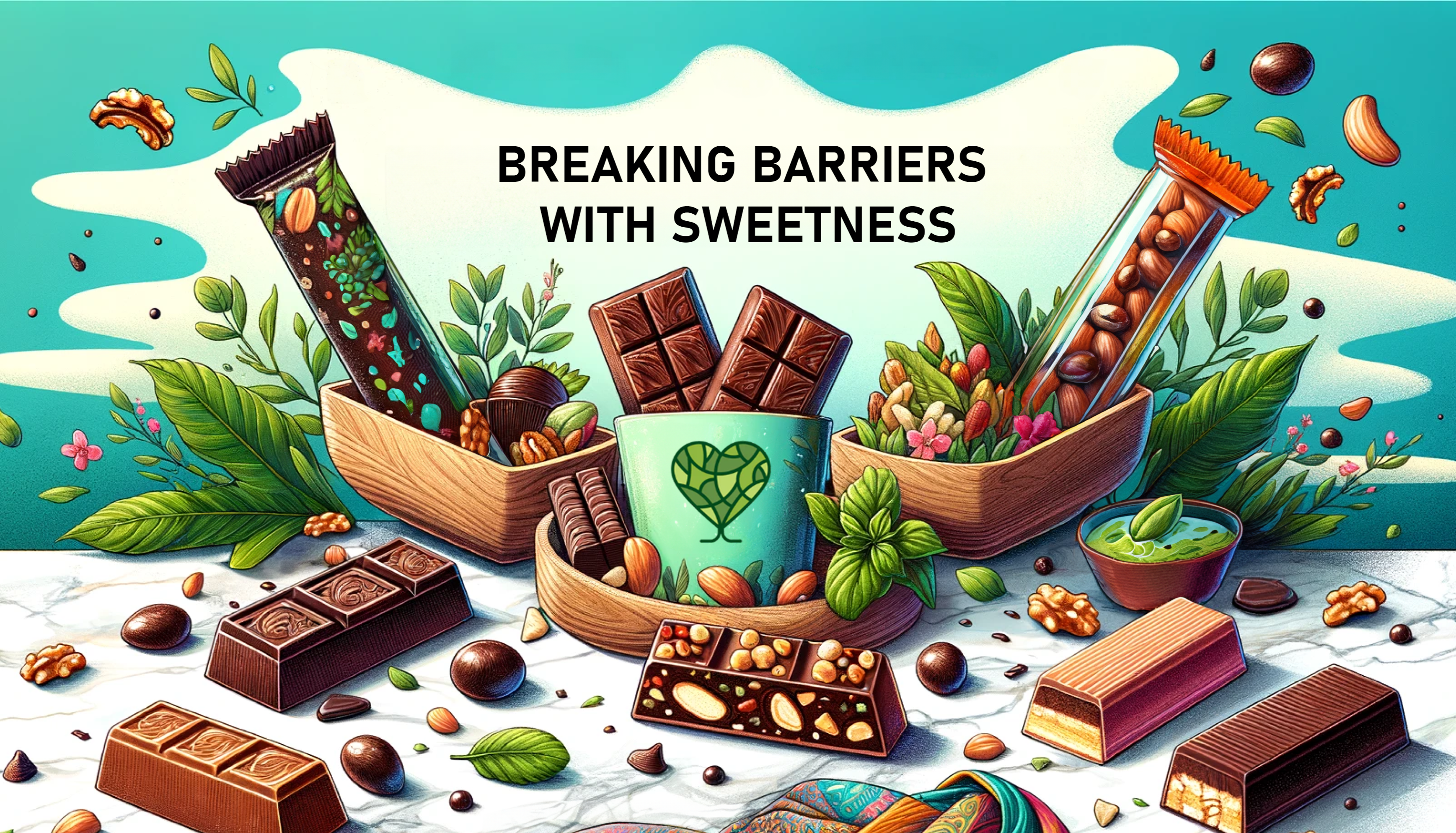 A colorful background with candy bars, chocolate and a mug with a green heart